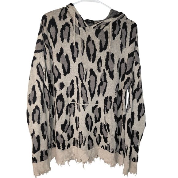 Fate Womens Large Leopard Print Knit Hoodie With Frayed Hem - Picture 1 of 10